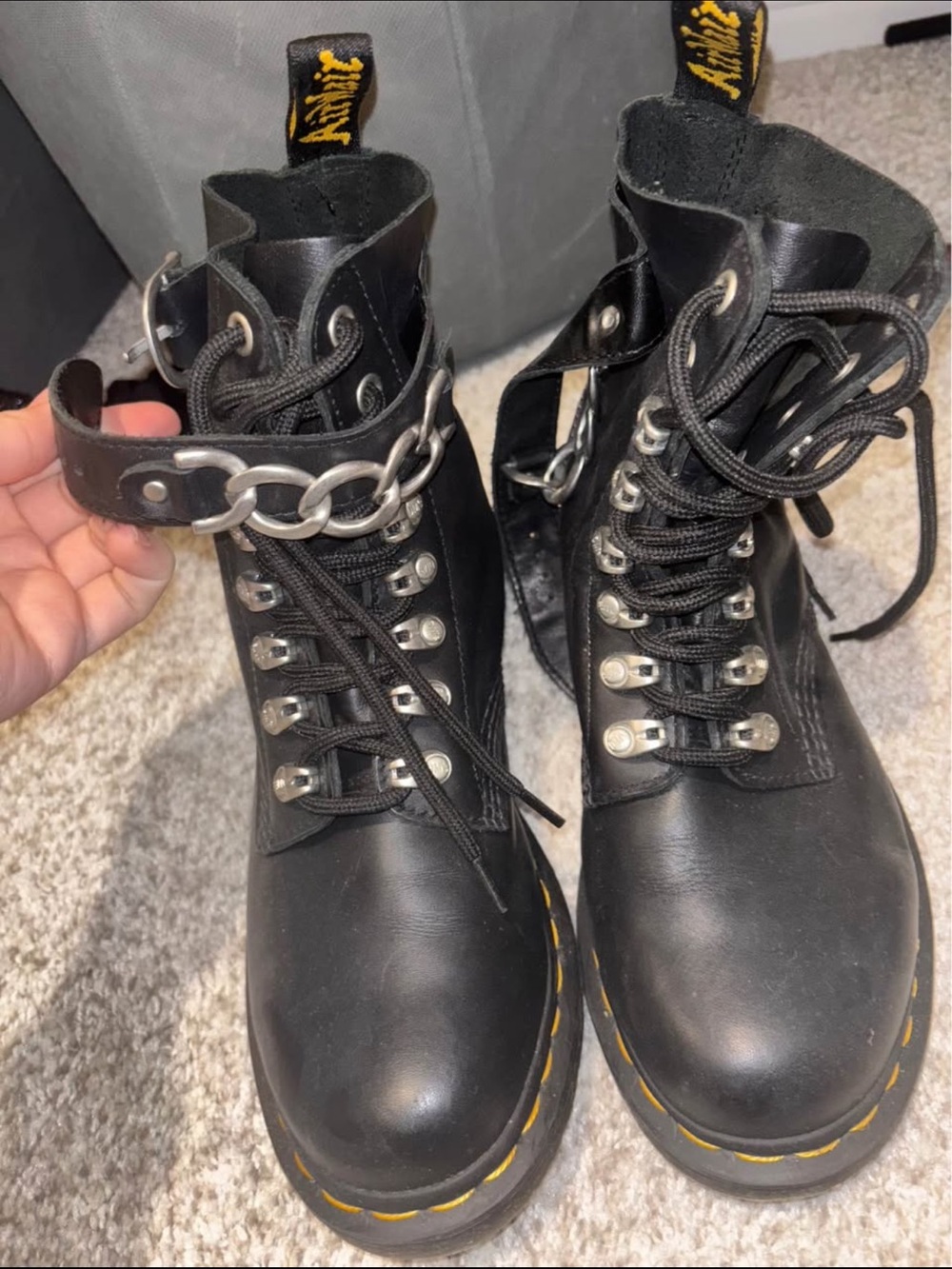 Dr. Martens Black Leather Combat Boots with Chain Strap
